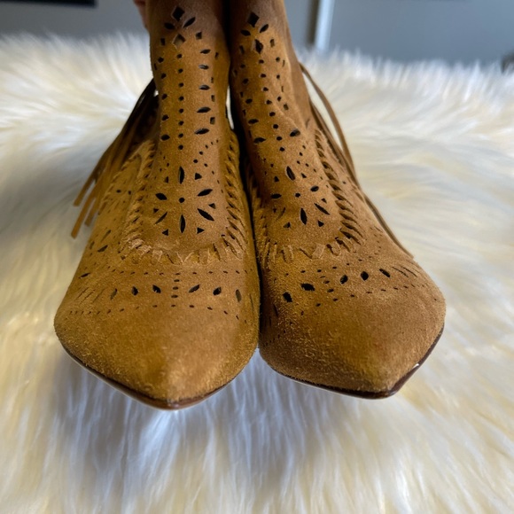 Sigerson Morrison Brown Perforated Suede Fringe Booties 6B - Picture 2 of 12